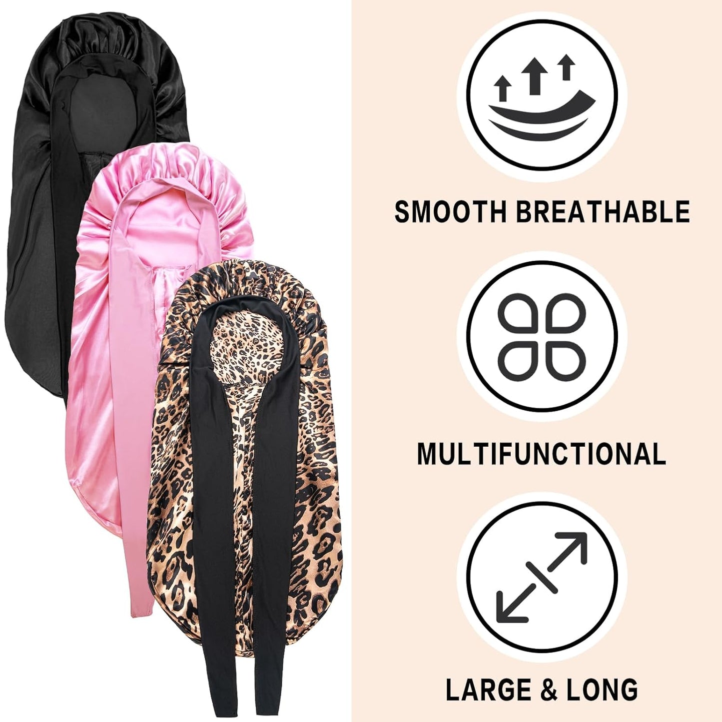 3Pcs Bonnets for Black Women Braid Bonnet, Large Long Satin Bonnet for Braids Sleeping, Black Women Satin Silk Bonnet (3Pcs-Black & Pink & Leopard)