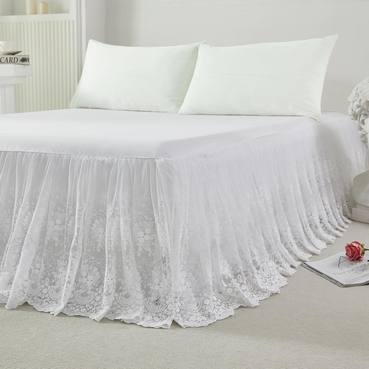 Brandream Lace Bed Skirt Queen Size White 18 Inch Drop Romantic Dust Ruffle Split Corners Bed Sheets Cover Excellent Quality