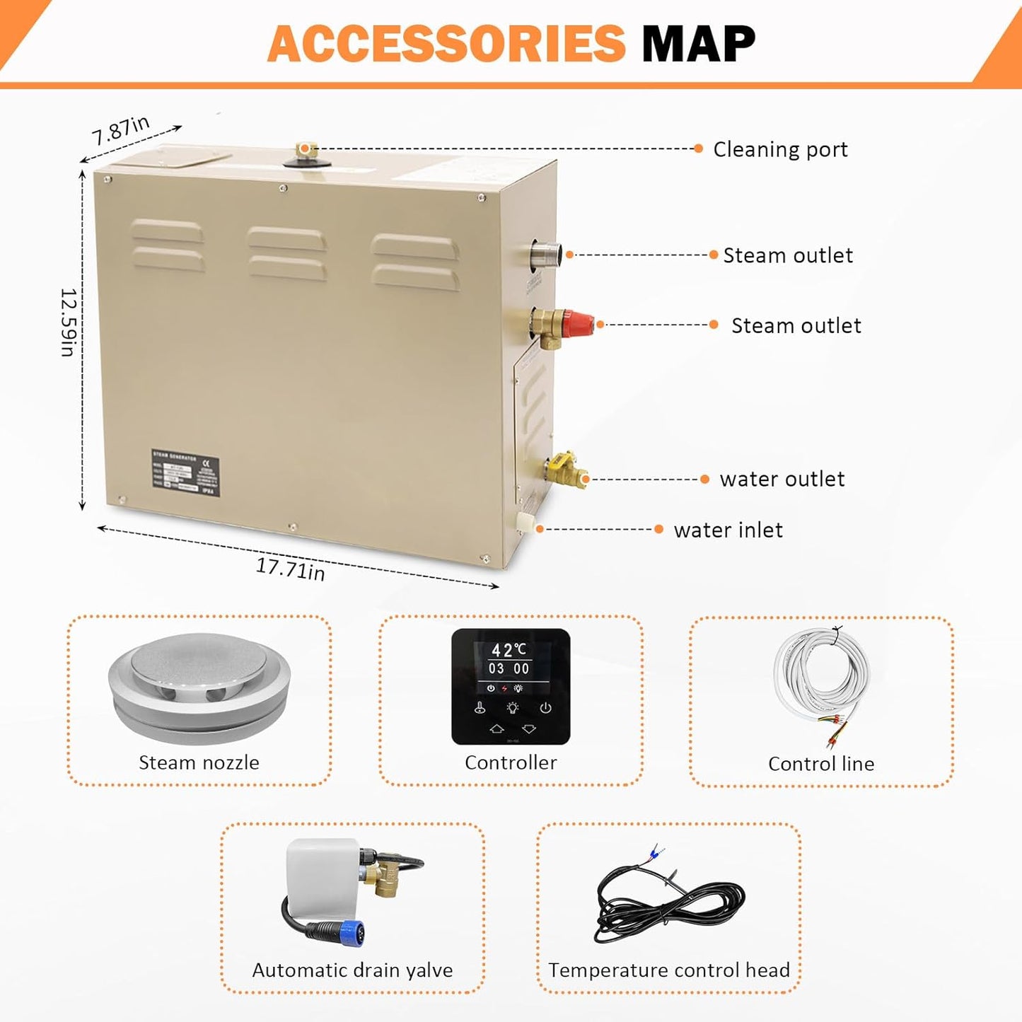 Steam shower generator,9kw Household-Commercial,Steam shower generator kit, with self-draining system,Temperature adjustable 95-131°F,Applicable space 315～350ft3(9KW)