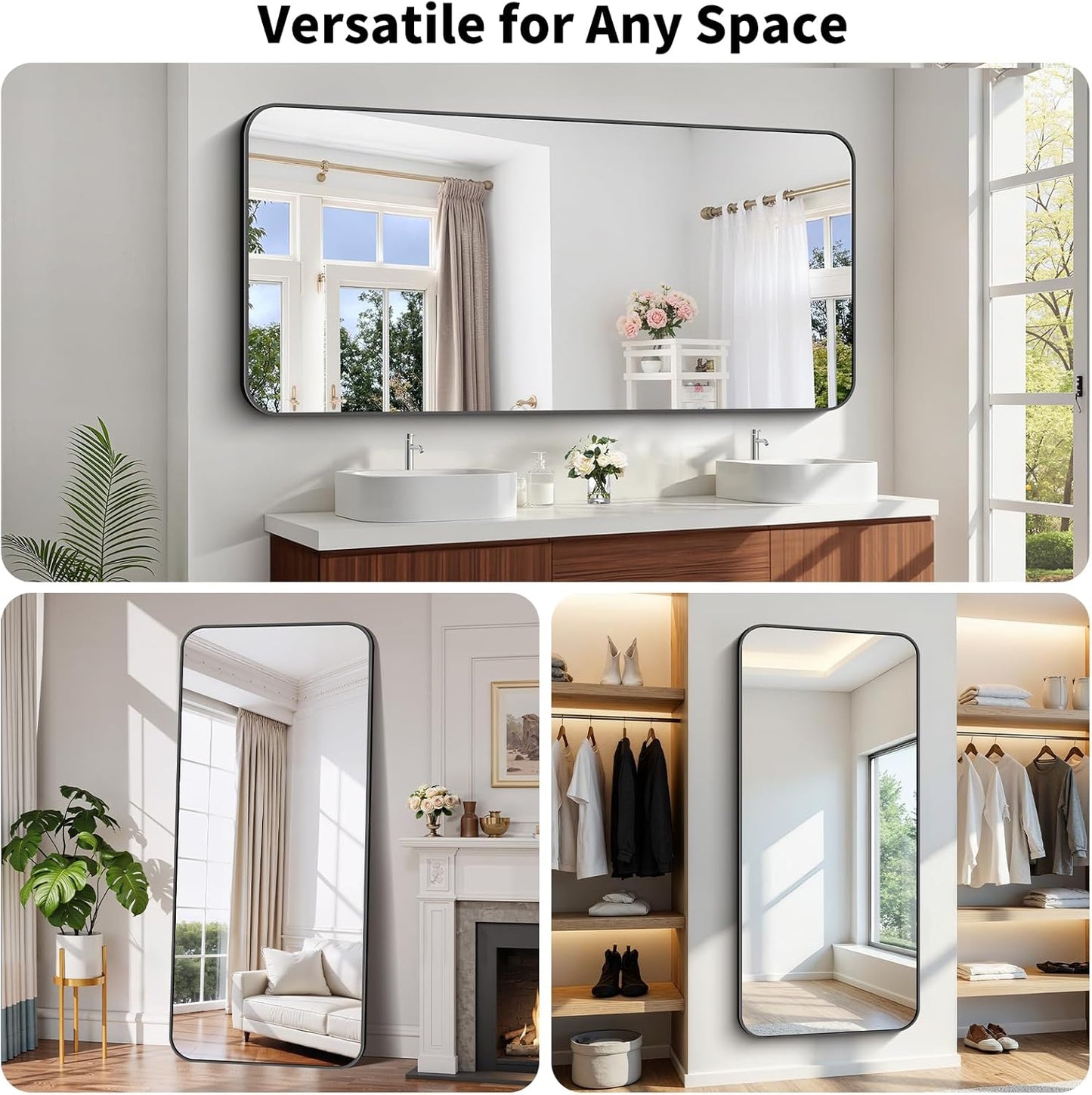 Koonmi Black Framed Bathroom Mirror - 32x72 Inch Shatterproof Tempered Glass Vanity Mirror for Bathroom Sink, Wall Mounted with Matte Aluminum Alloy Frame, No Distortion, Modern Decor