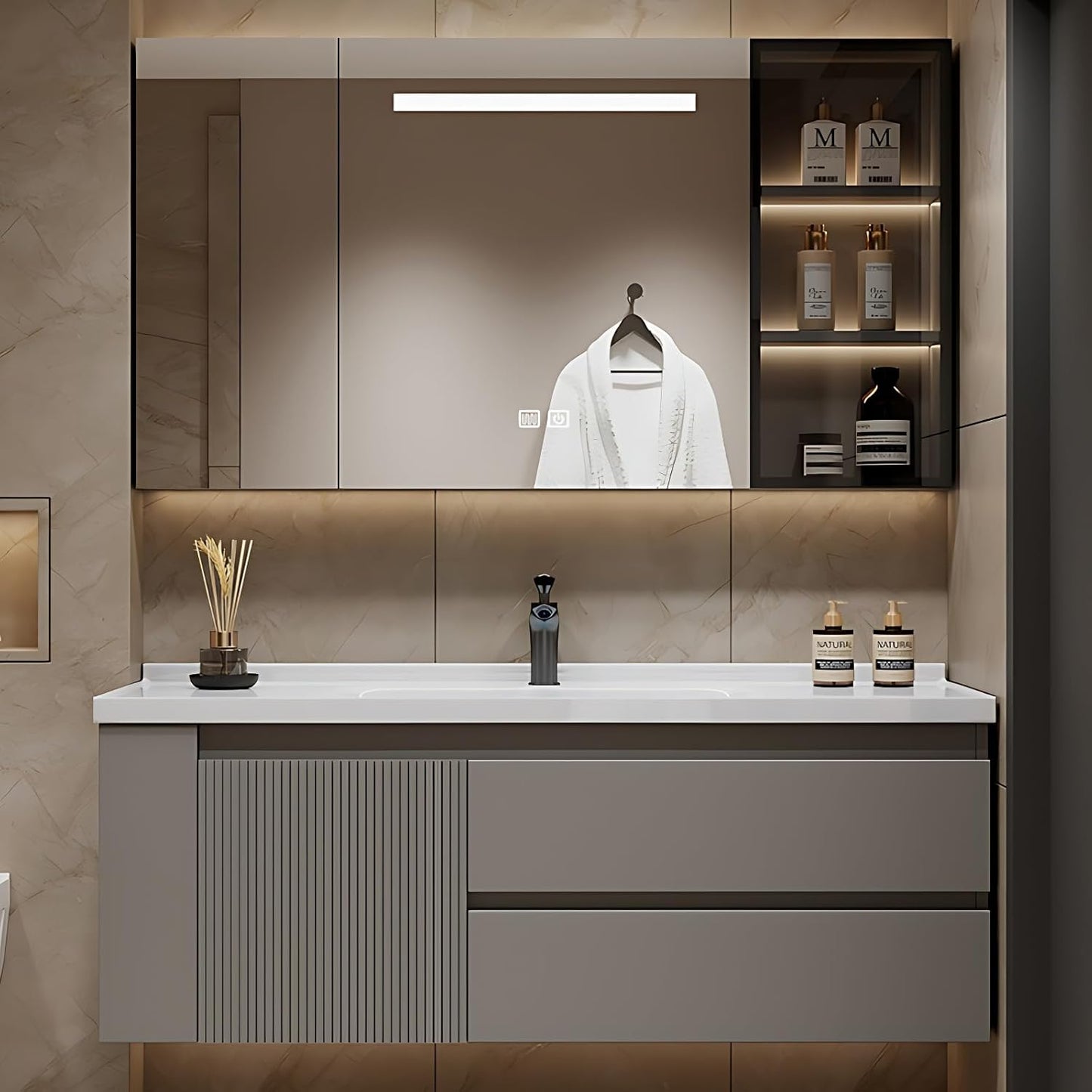 48IN Suspended Bathroom Cabinet Combo Set - Fully Functional LED Mirror Vanity with Smart Defogging & Time Display | Bathroom Vanity with Sink,Side Cabinets Storage Compartment (Style C)