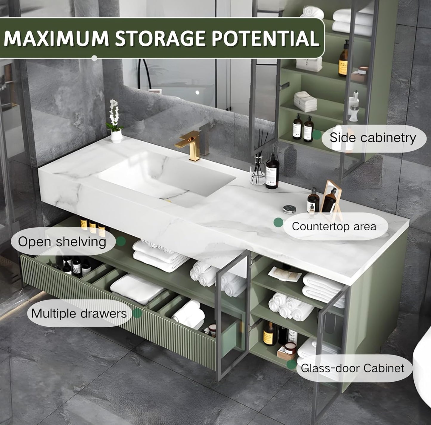 Floating Vanity for Bathroom, 76" Green Bathroom Vanity Set with LED Defog Mirror and Side Medicine Cabinet, Wall Mount Bathroom Storage Cabinet with Glass Door, Single Sink Bath Vanities - Green