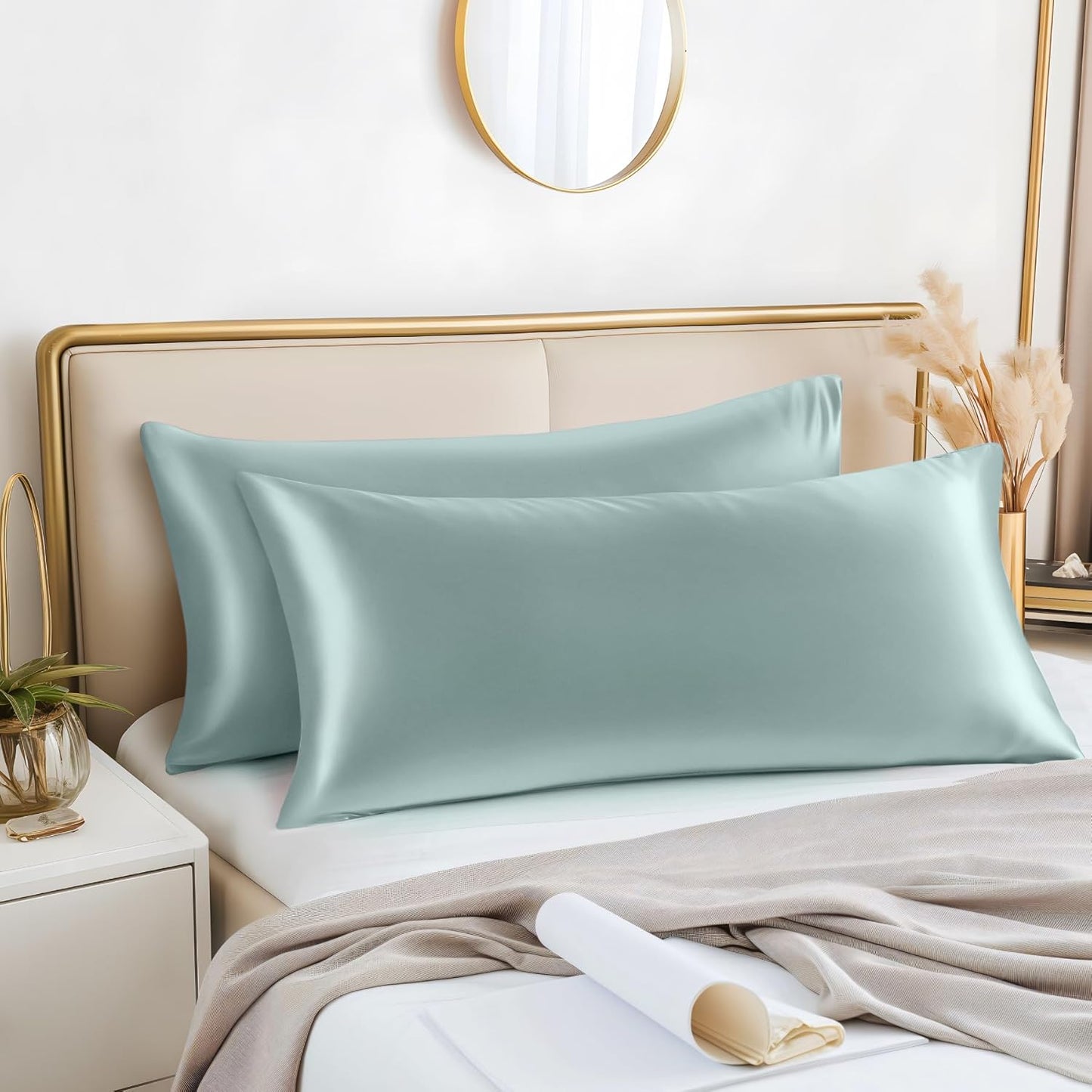 BEDELITE Satin Body Pillow Cover 2 Pack, Super Soft and Cooling Body Pillow Pillowcase for Hair and Skin, Breathable Silky Full Long Pillowcase Cover(20"x54", Haze Blue)