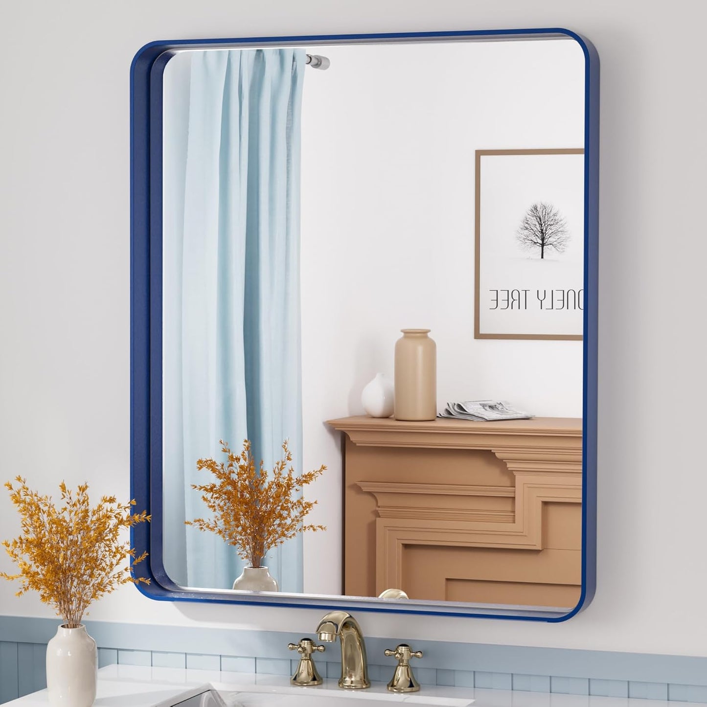 TETOTE 30 x 36 Navy Blue Frame Mirror for Bathroom Metal Frame Wall Mounted Rectangle Mirror for Vanity with Sandy Textured Surface(Horizontal/Vertical)