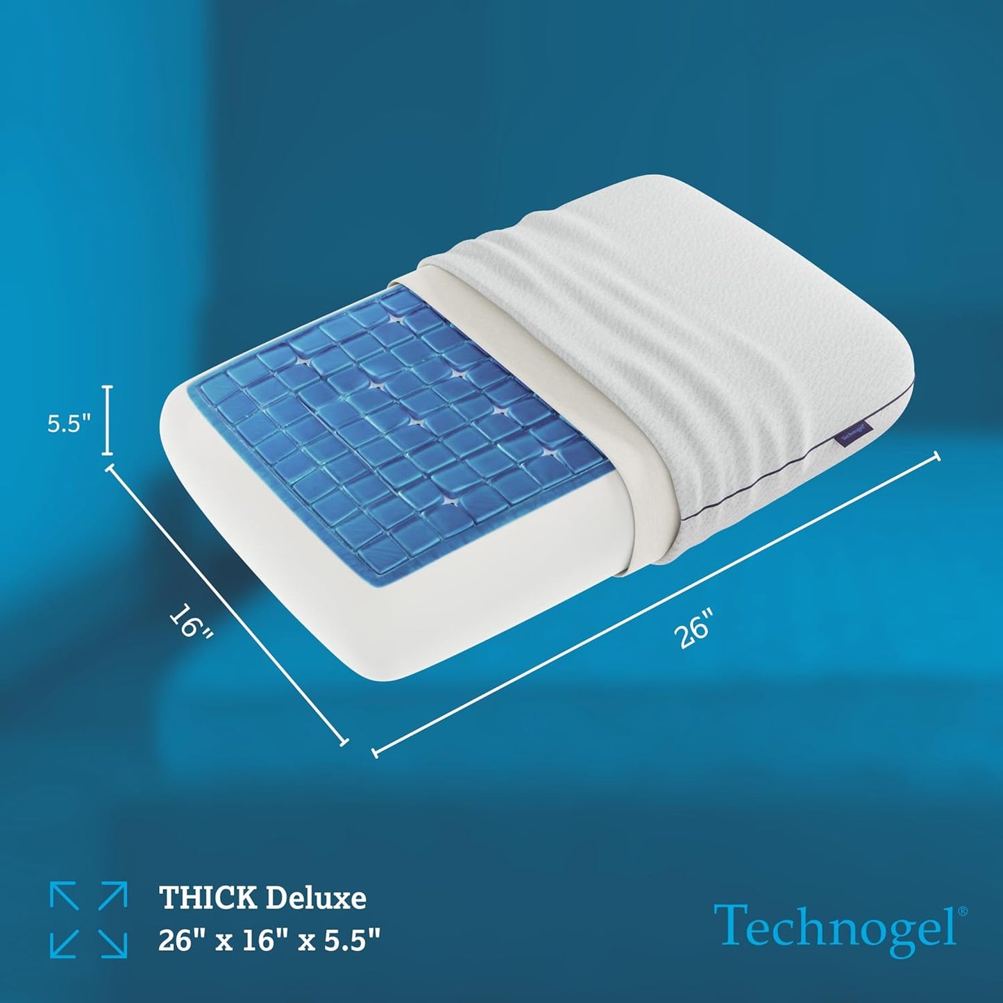 Technogel Deluxe Cooling Gel Pillow - Patented Cooling Technology, Odorless Memory Foam – Breatable Ergonomic Support for Side & Back Sleepers with Washable Cover, 5.5" (Thick)