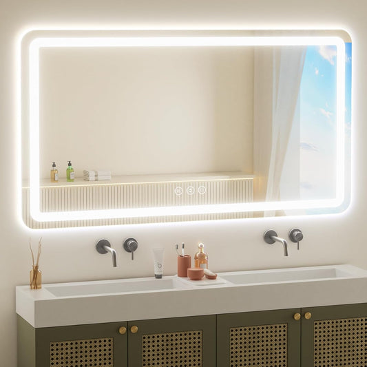 55" x 30" Led Bathroom Mirror with Lights, Anti-Fog & Tri-Color Lighting - Wall Mounted Shaving Mirror with Touch Sensor, Waterproof & Smart LED Vanity Mirror,Tempered Glass, Dimmable Smart Mirror