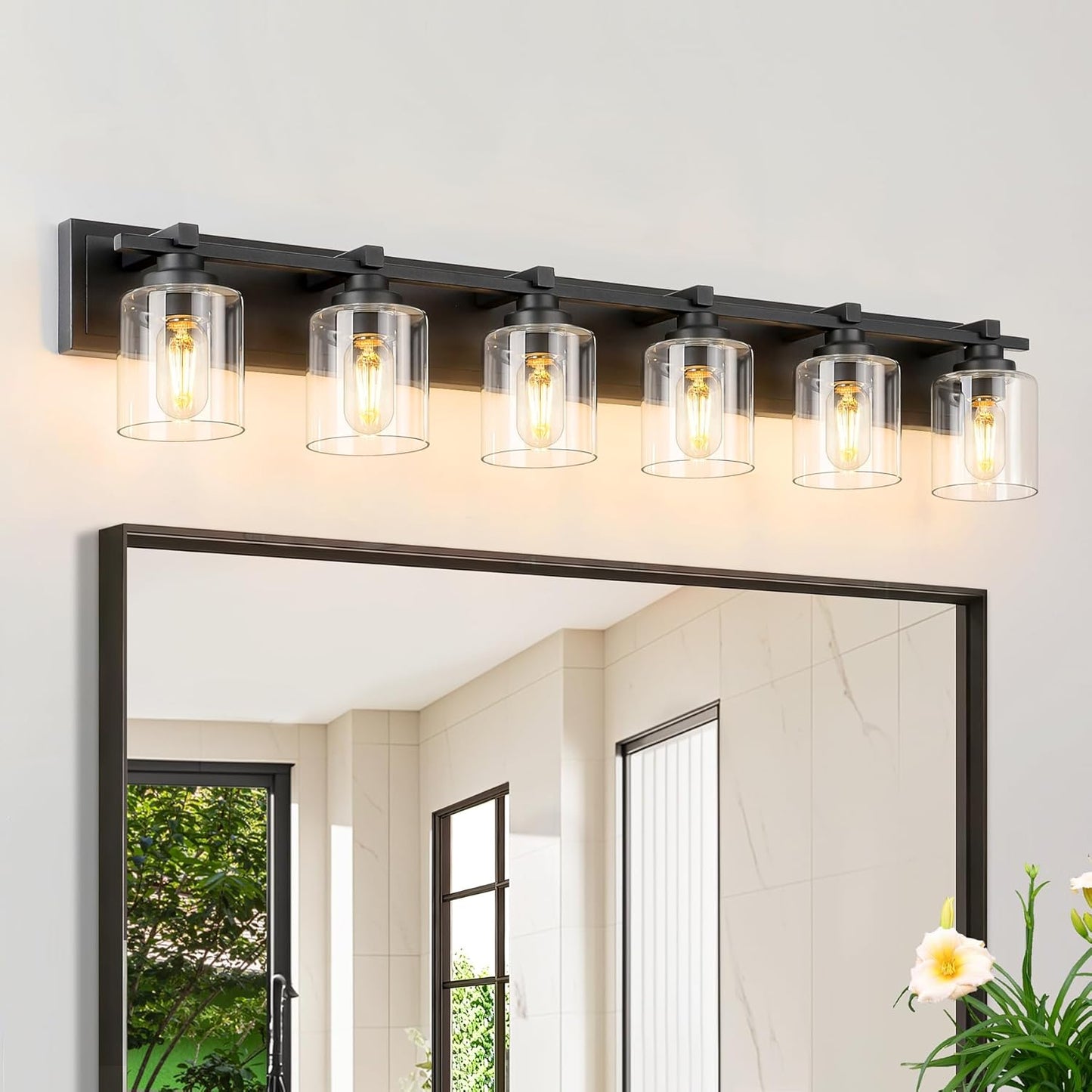 6 Light Modern Bathroom Light Fixtures Over Mirror, Black Vanity Lights for Bathroom Wall Sconces with Clear Glass Shades, E26 Socket (Bulbs Not Included)