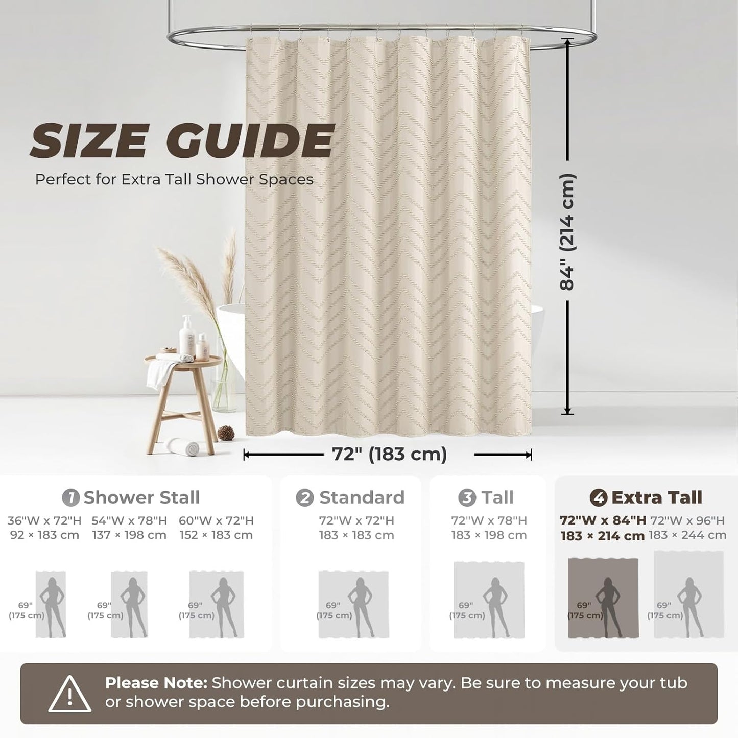 84 Inches Extra Long Beige Shower Curtain Boho Neutral Tufted Chevron Textured Striped Minimalist Shower Curtains for Bathroom