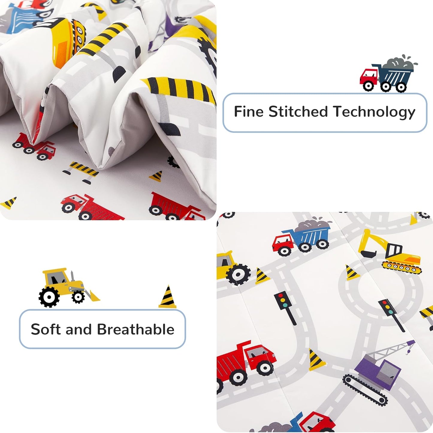 Viviland Kids Full Bedding Sets for Boys, Girls Soft Full Comforter Set with Sheets, 7 Pieces Microfiber Bed in a Bag, White Car Excavator