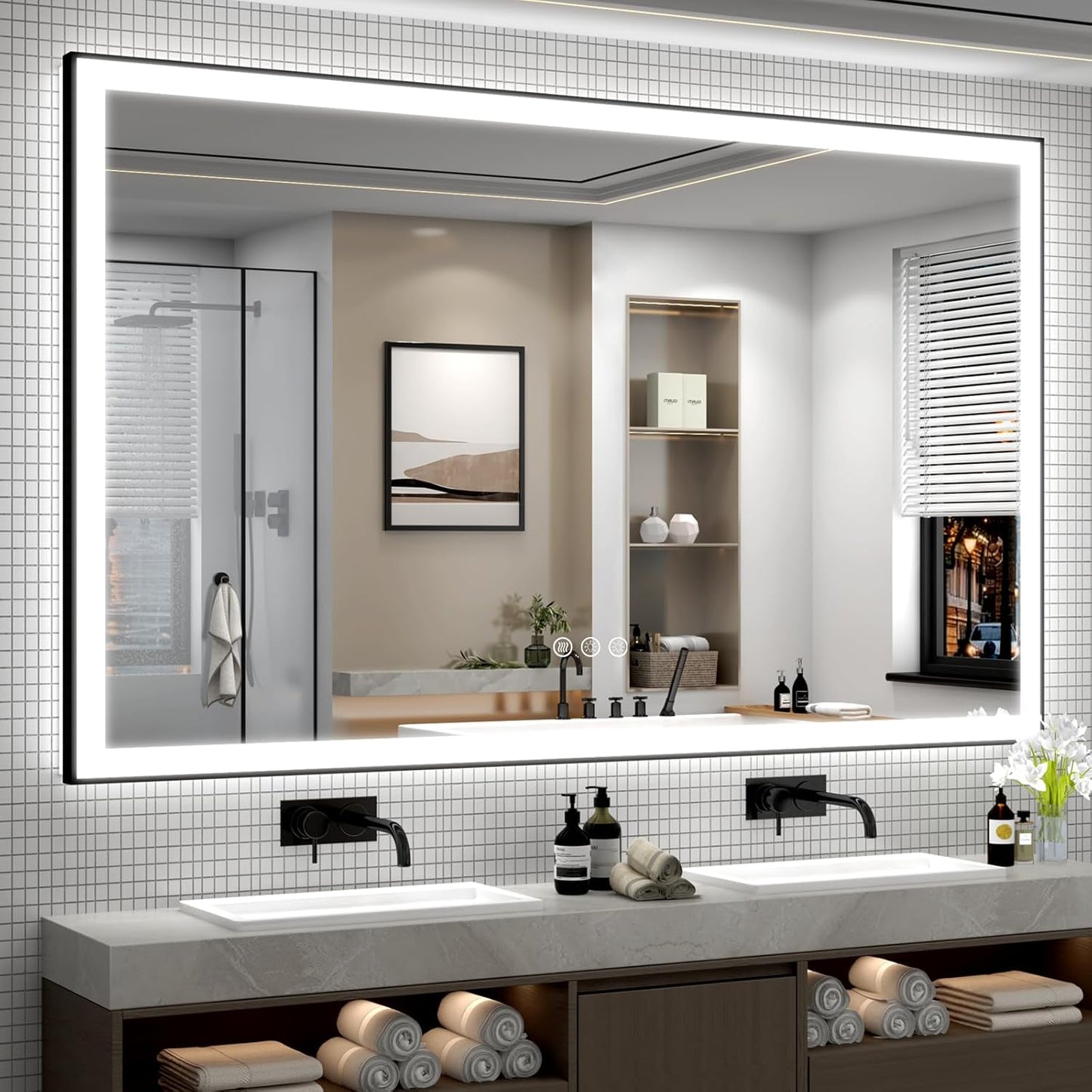 SMIROR 66x36 Black Frame LED Mirrors for Bathroom Wall, Large Lighted Vanity Mirrors, Dimmable, Anti-Fog, Memory, Shatterproof, ETL Listed (Front Lights and Backlit)