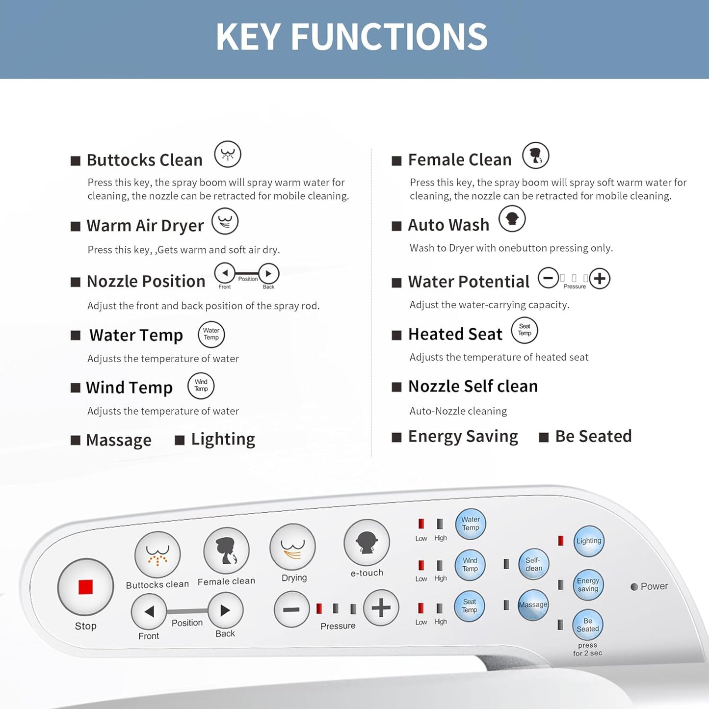 KERDE P30A Electric Bidet Toilet Seat - Smart Heated Seat with Auto-Flush, Side Panel Control for Existing Toilets, Quiet Close Lid & Warm Air Dryer Elongated