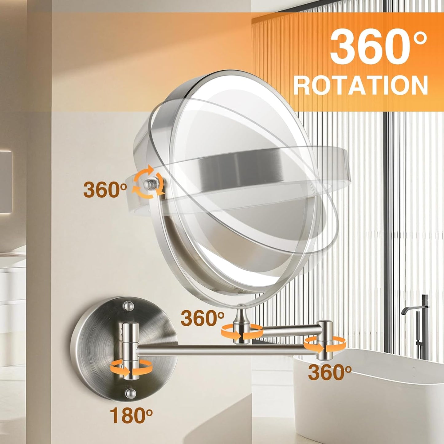 8.5 Inch Rechargeable Wall Mounted Makeup Mirror Brushed Nickel, Double Side Dual-Touch 1X/10X Magnifying Mirror with Light, 3 Color Lights 360°Swivel Extendable Bathroom Mirror