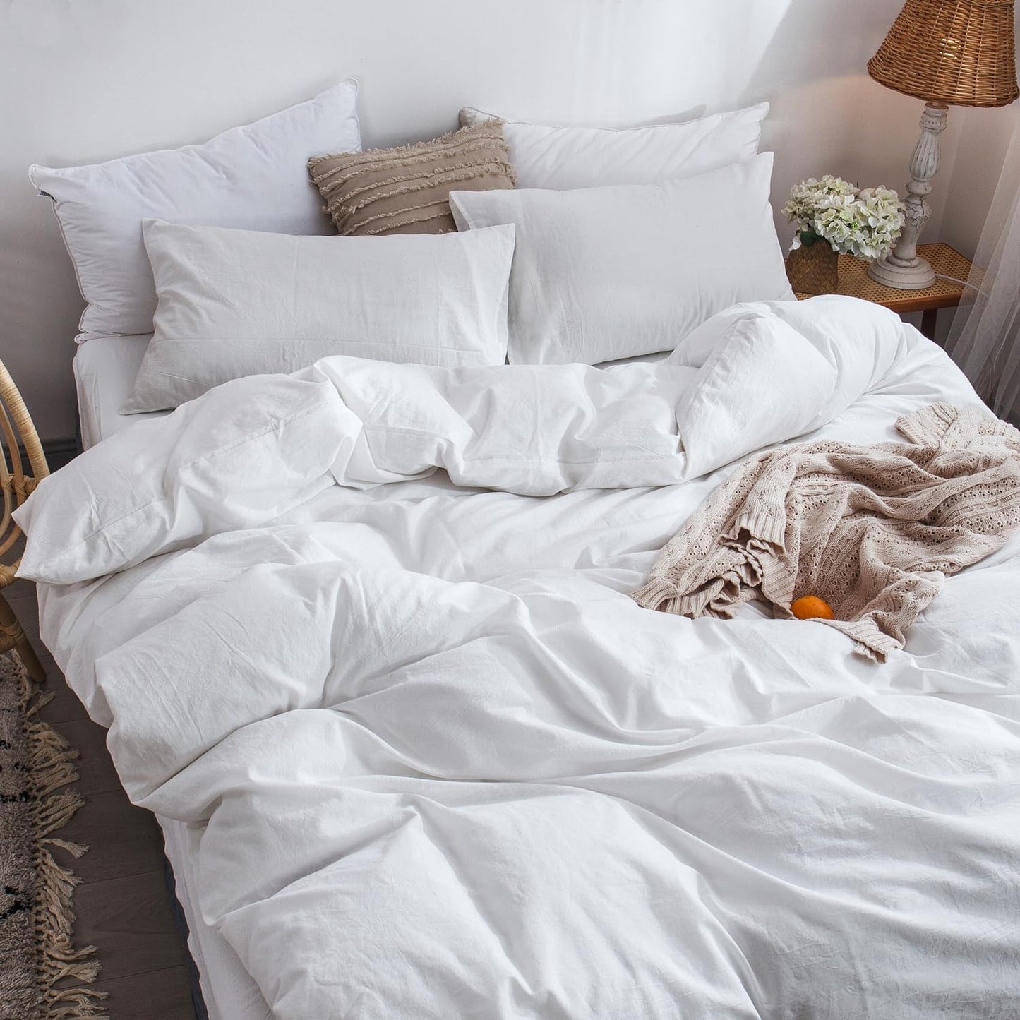 MooMee Bedding Duvet Cover Set 100% Washed Cotton Linen Like Textured Breathable Durable Soft Comfy (Solid Off White, Super Queen 90"x98")