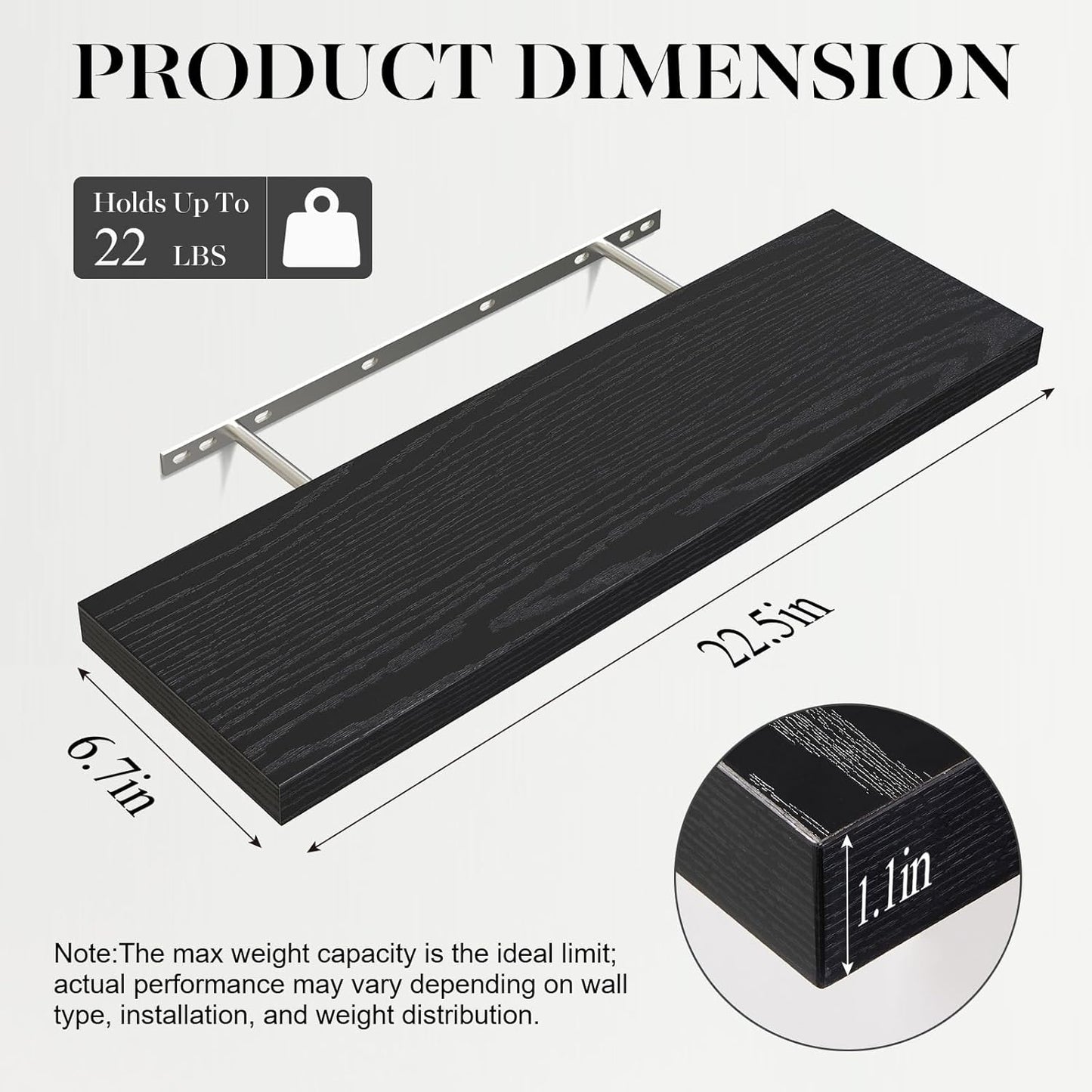 BAYKA Floating Shelves 22.5 inches, Wall Mounted Shelves Rustic Wood for Bathroom, Bedroom, Living Room, Floating Shelves for Books/Storage/Decor with 22lbs Capacity(Satin Black,Set of 3)