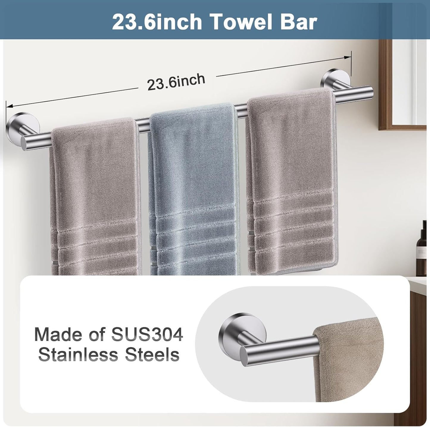 Brushed Nickel Bathroom Hardware Set, 5 Pieces Towel Bar Bathroom Accessories, Upgraded Toilet Paper Holder with Shelf Set, 23.6 Inch Towel Rack Towel Holder for Bathroom Wall