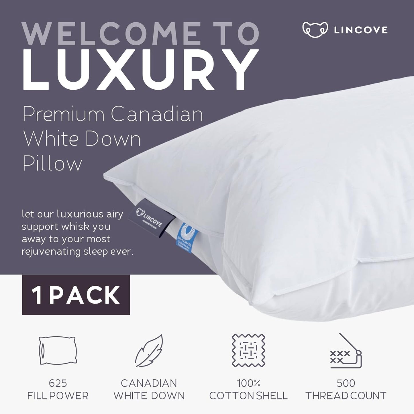 Lincove Cloud Natural Canadian Down Pillow, White Luxury Sleeping Pillow - 625 Fill Power, 500 Thread Count Cotton Shell, Made in Canada, King - Firm, 1 Pack