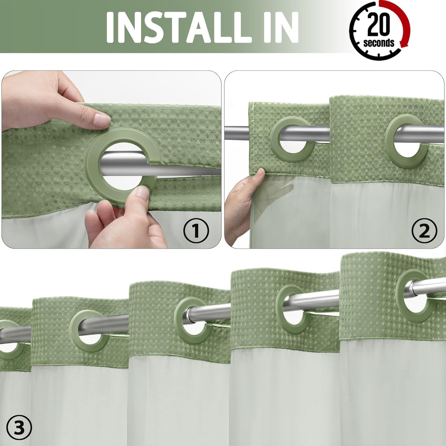 YellyHommy Stall No Hook Shower Curtain with Snap in Liner Set Less Time Green Waffle Shower Curtain for Bathroom 75" L x 60" W