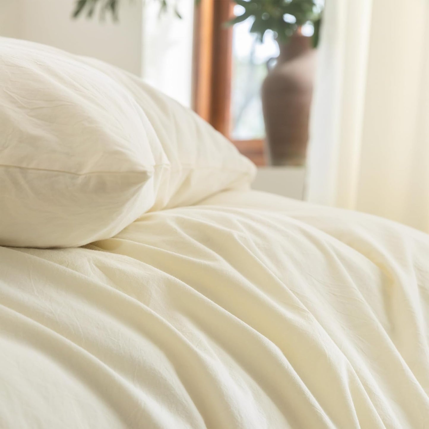 FOSSA Duvet Cover Set 100% Washed Cotton Linen Feel Super Soft Breathable Cozy 3 Pieces Bedding Sets Solid Cream White Super King