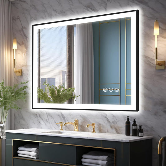 40x32 Bathroom LED Mirror, Black Aluminum Edge Lighted Mirror, 3 Colors Stepless Dimmable Vanity Mirror, Skincare, Anti-Fog, Shatter-Proof, ETL Listed, Memory Smart Mirror(Horizontal/Vertical)