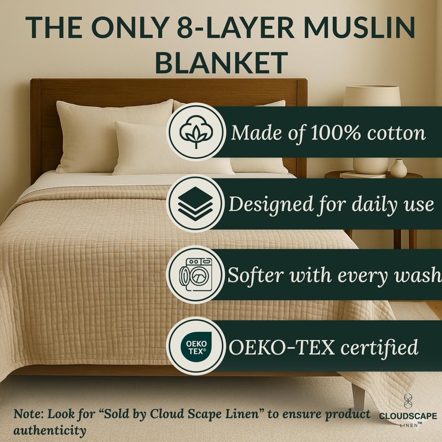 Cloud Scape Linen 8-Layer Muslin Blanket King Size for Adult - 100% Cotton, Breathable and Soft, Perfect Winter Cozy Blanket, Fits up to California King Bed, 92x108, Fog