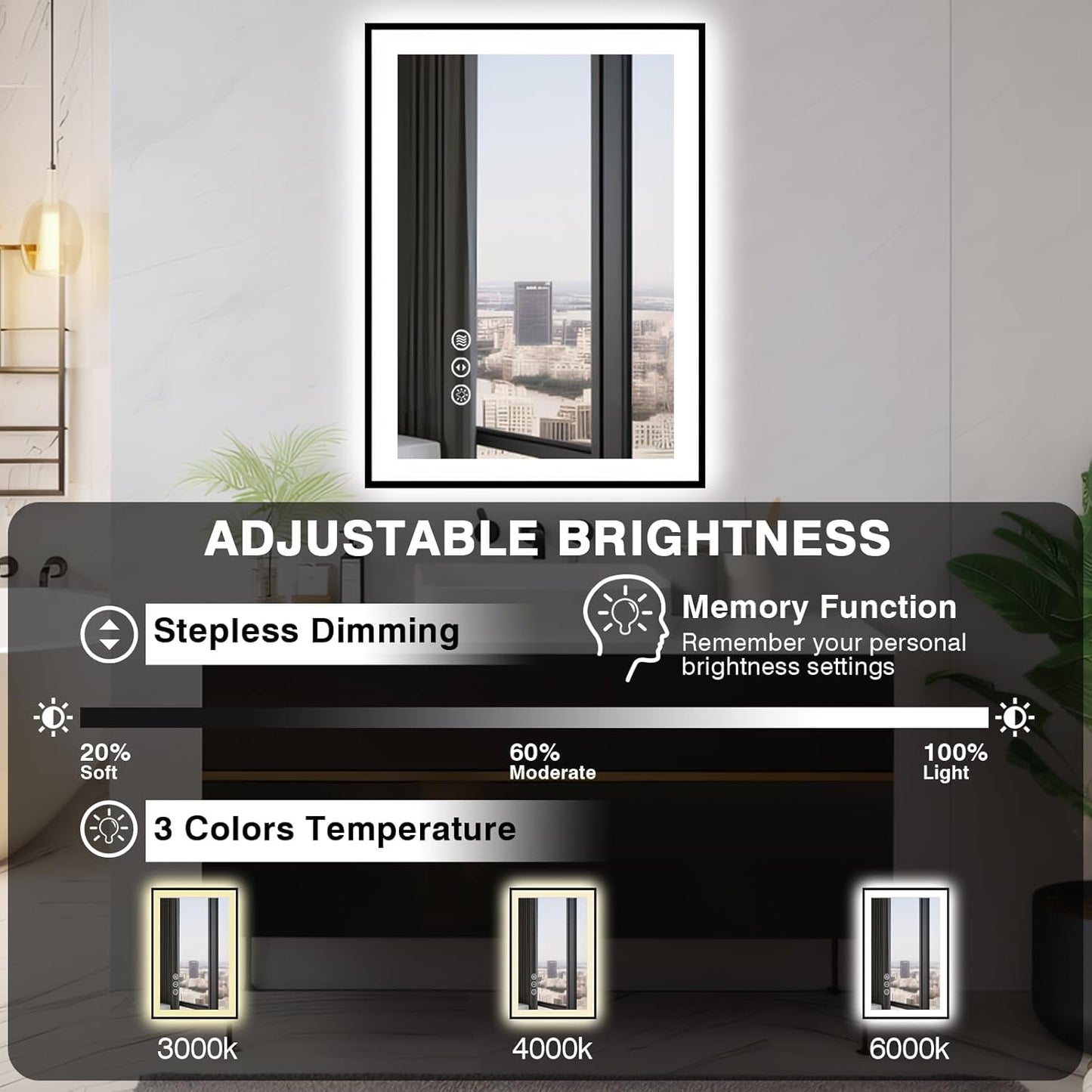 24x36 LED Bathroom Mirrors for Wall -Black Aluminum Framed (Front and Backlit), Anti-Fog Vanity Mirror with Lights,Stepless Dimmable Lighted, 3 Colors Smart Mirror(Horizontal/Vertical)
