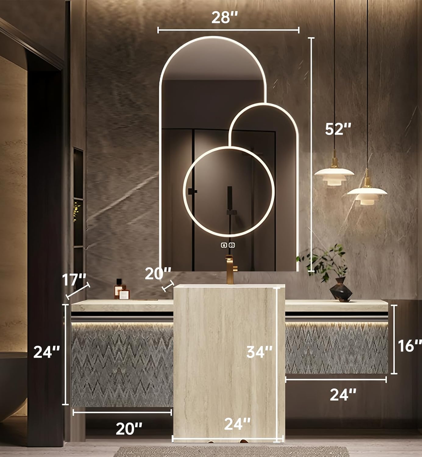 Single Sink Freestanding Bath Vanity, Modern Bath Vanity with LED Smart Mirror, 68IN Solid Wood Floating Bathroom Sink Cabinet with Marble Slate Top and Large Storage Drawer