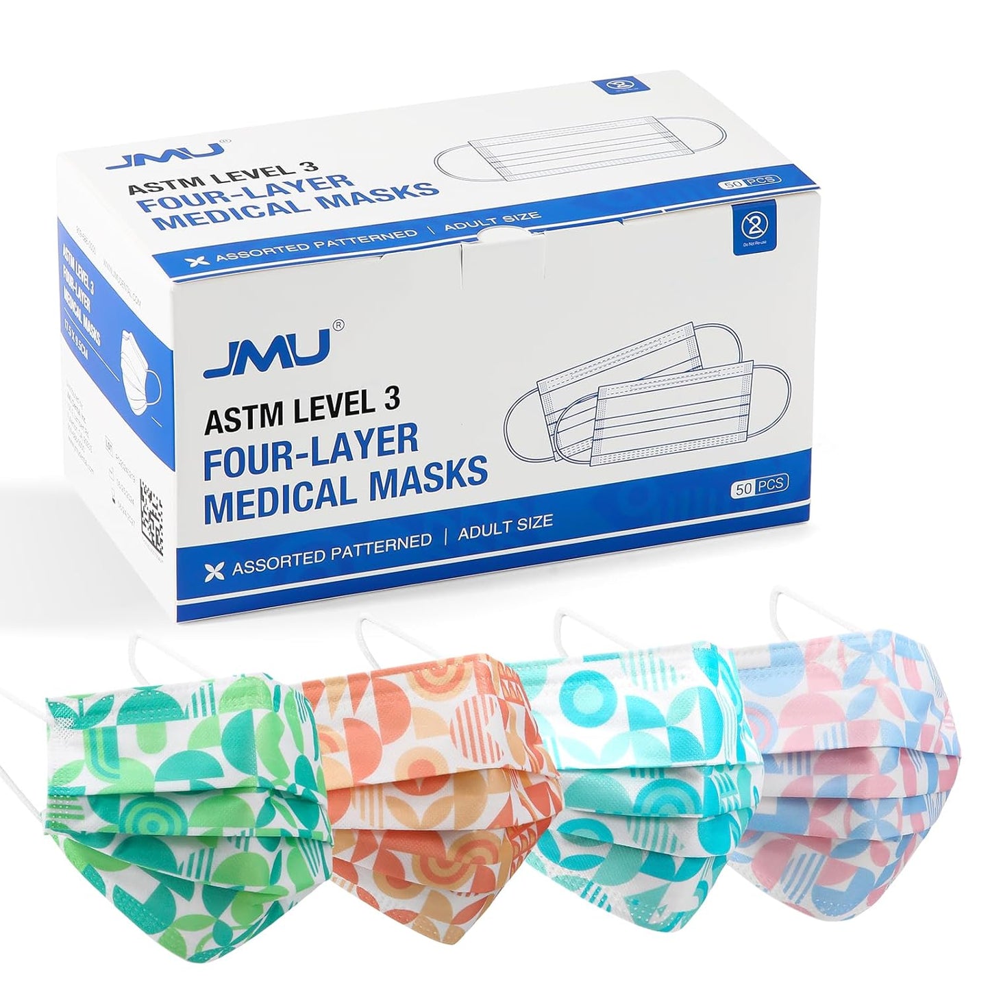 JMU 50 Pack Multicolor Disposable Face Masks, 4-Ply ASTM Level 3 Medical Face Masks for Adults