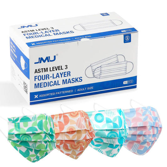 JMU 50 Pack Multicolor Disposable Face Masks, 4-Ply ASTM Level 3 Medical Face Masks for Adults