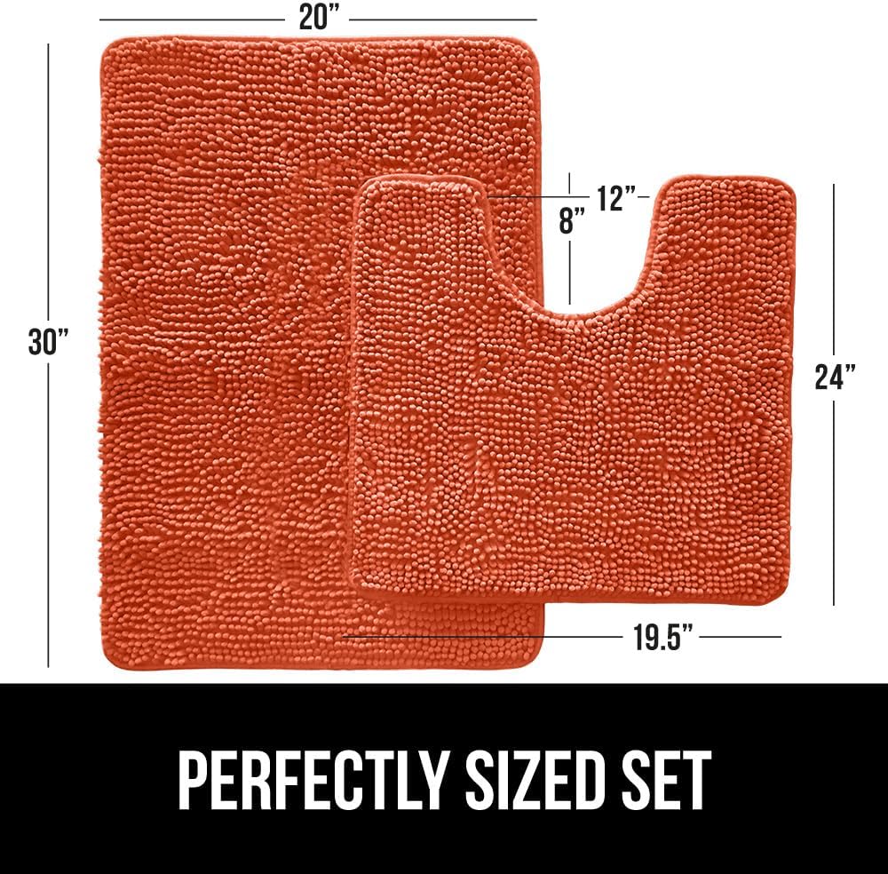 GORILLA GRIP Bathroom Rug Sets, Soft Chenille 2 Piece Area Rugs Set, Toilet Base Mat and 30x20 Carpet, Absorbent Microfiber Washable Mats Dry Quickly, Home Décor and Bath Room Accessories, Coral