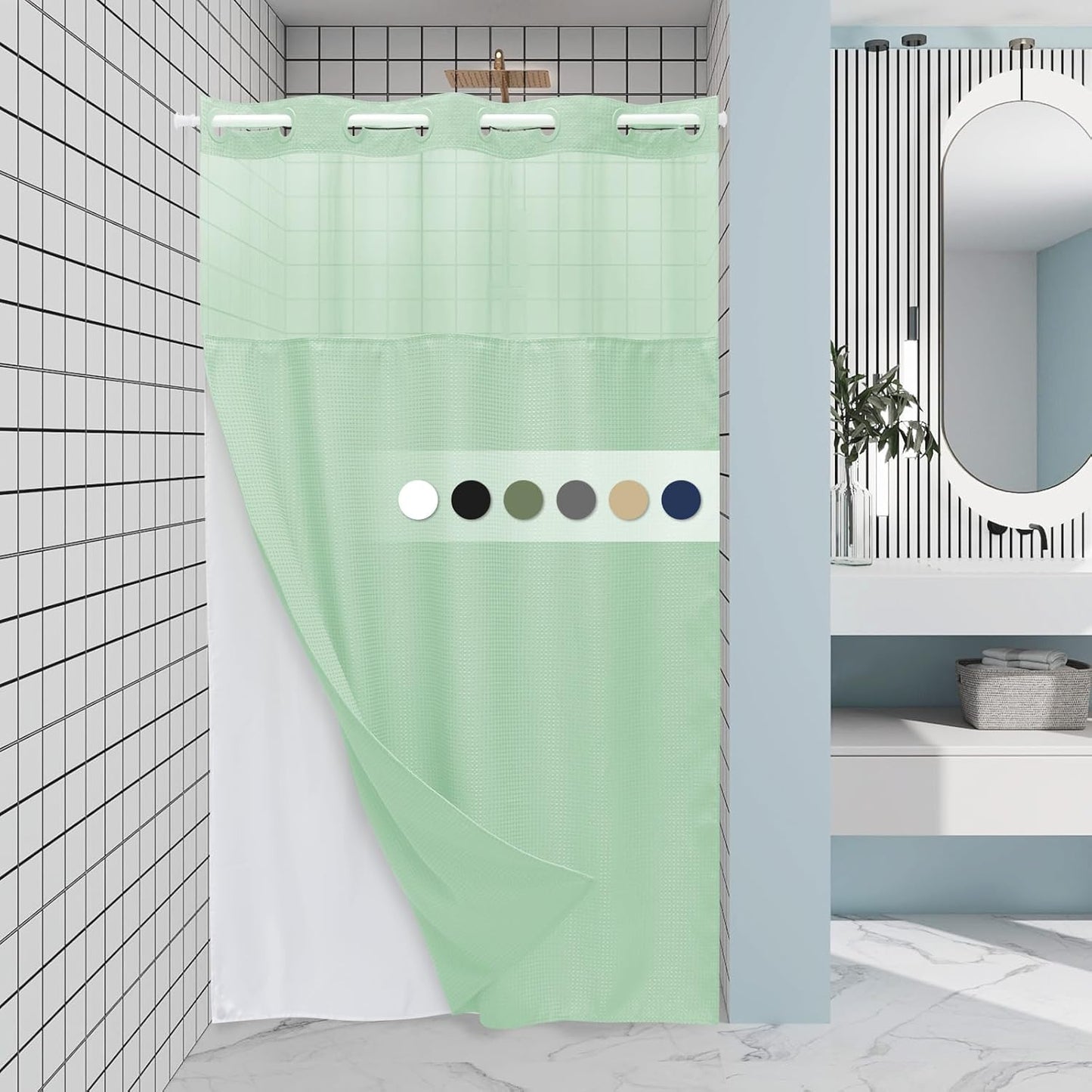 Mint Green Stall No Hook Shower Curtain with Snap in Liner,230GSM Waffle Weave Shower Curtains for Bathroom,54W x 80H