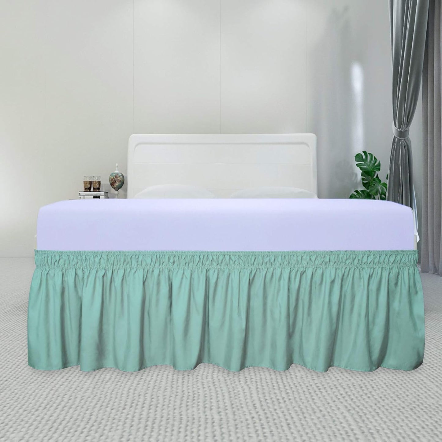 PureFit Wrap Around Ruffled Bed Skirt with Adjustable Elastic Belt - 14 Inch Drop Easy to Put On, Wrinkle Free Bedskirt Dust Ruffles, Bed Frame Cover for Queen, King and C-King Size Beds, Baby Blue