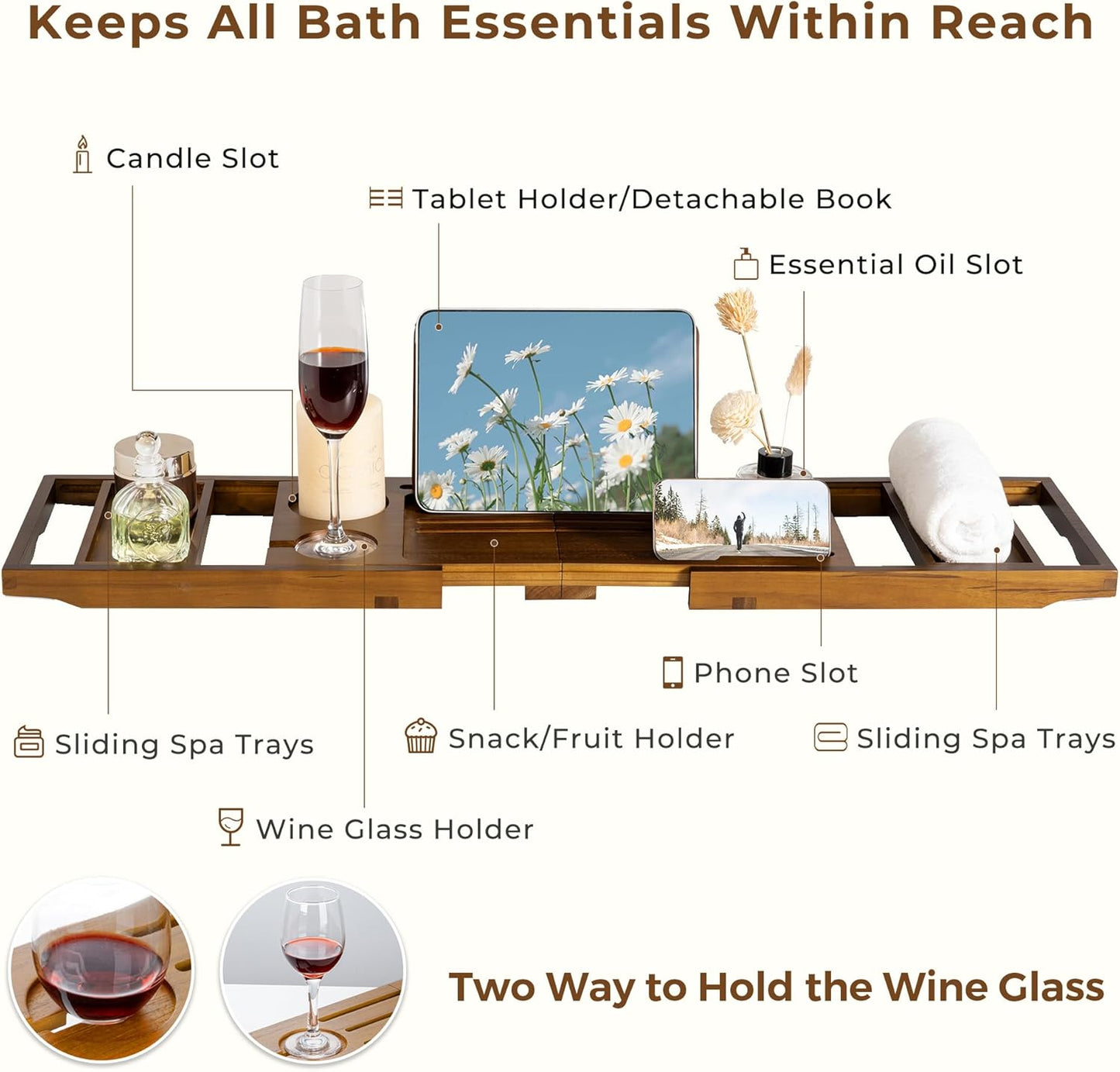 Teak Bathtub Tray Expandable Bathroom Tray for Home Spa Relaxation, Wooden Tray Caddy for Bathtub, Teak Bathtub Caddy as Unique Housewarming, Birthday, Wedding Shower Gifts (Natural Teak)