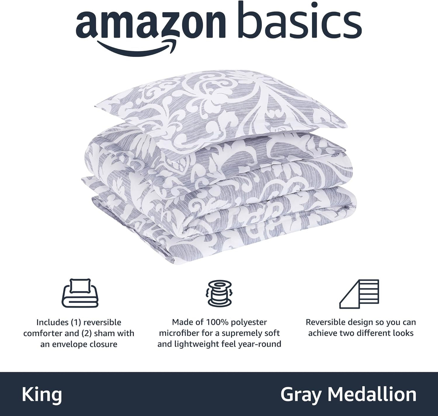 Amazon Basics King Size Comforter Sets, Ultra-Soft Lightweight Microfiber Reversible 3-Piece Bedding, Gray Medallion