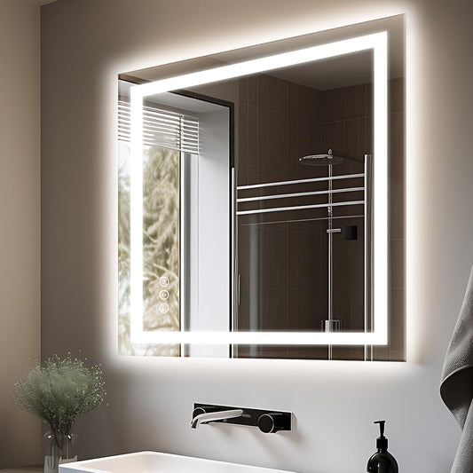 32"x36" LED Bathroom Mirror, Front and Backlit Mirror, Anti-Fog Vanity Mirror with Lights, Stepless Dimmable Illuminated, 3 Colors Smart Mirror (Horizontal/Vertical)