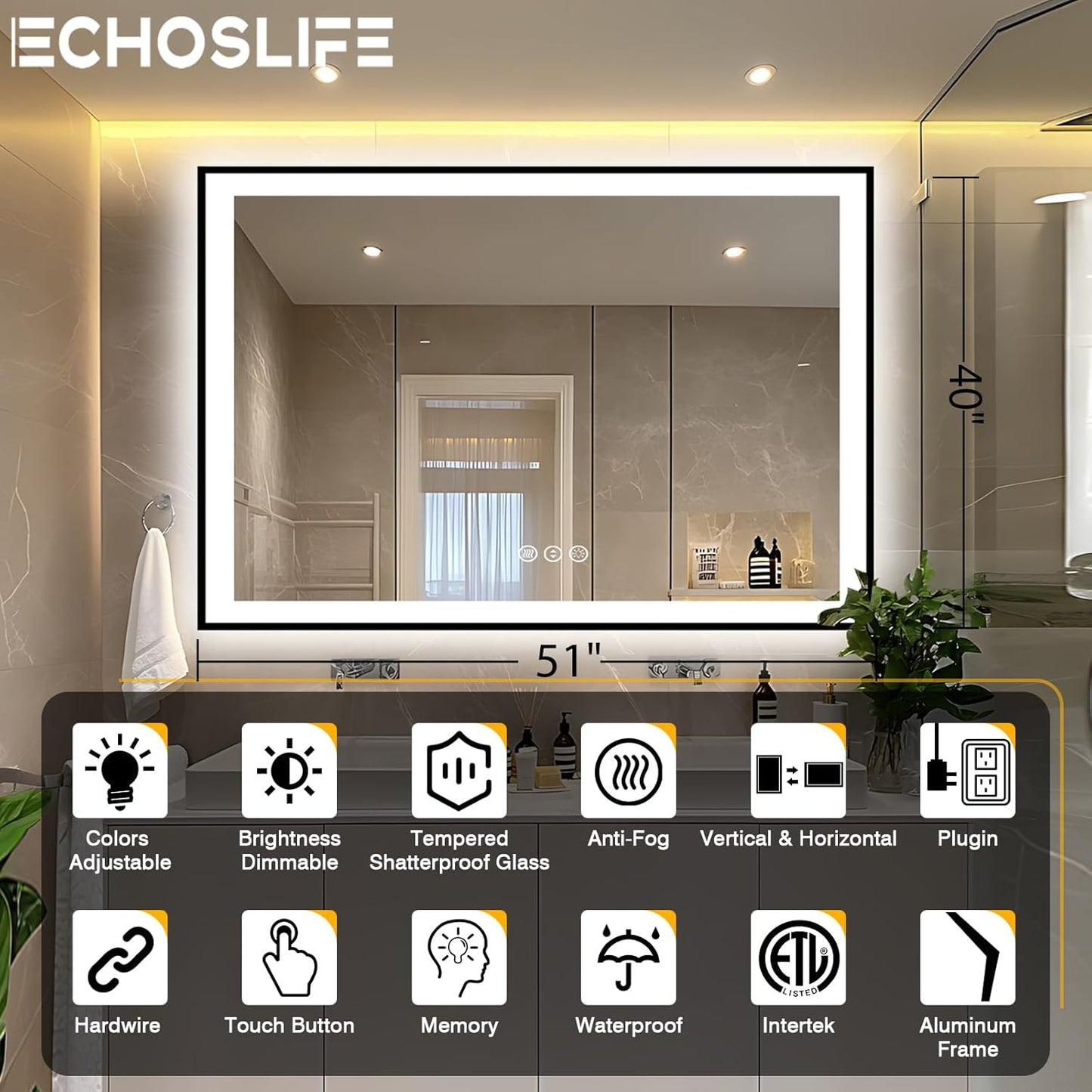 51x40 Bathroom Light up Mirror, Black Double Bright Lights Mirror, Anti-Fog Vanity Mirror with Lights, Stepless Dimmable Illuminated, Touch Control, Waterproof (Horizontal/Vertical)