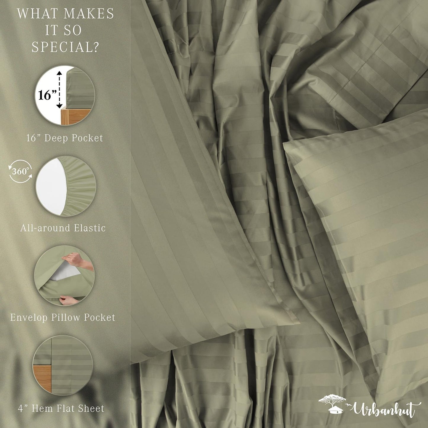 URBANHUT 1000 Thread Count Damask Striped California King Size Egyptian Cotton Sheets, Long Staple Soft & Breathable, 4 Pc Bed Sheet Sets, Luxury Hotel Sateen Sheets Fits 16" Deep Pocket - Sage