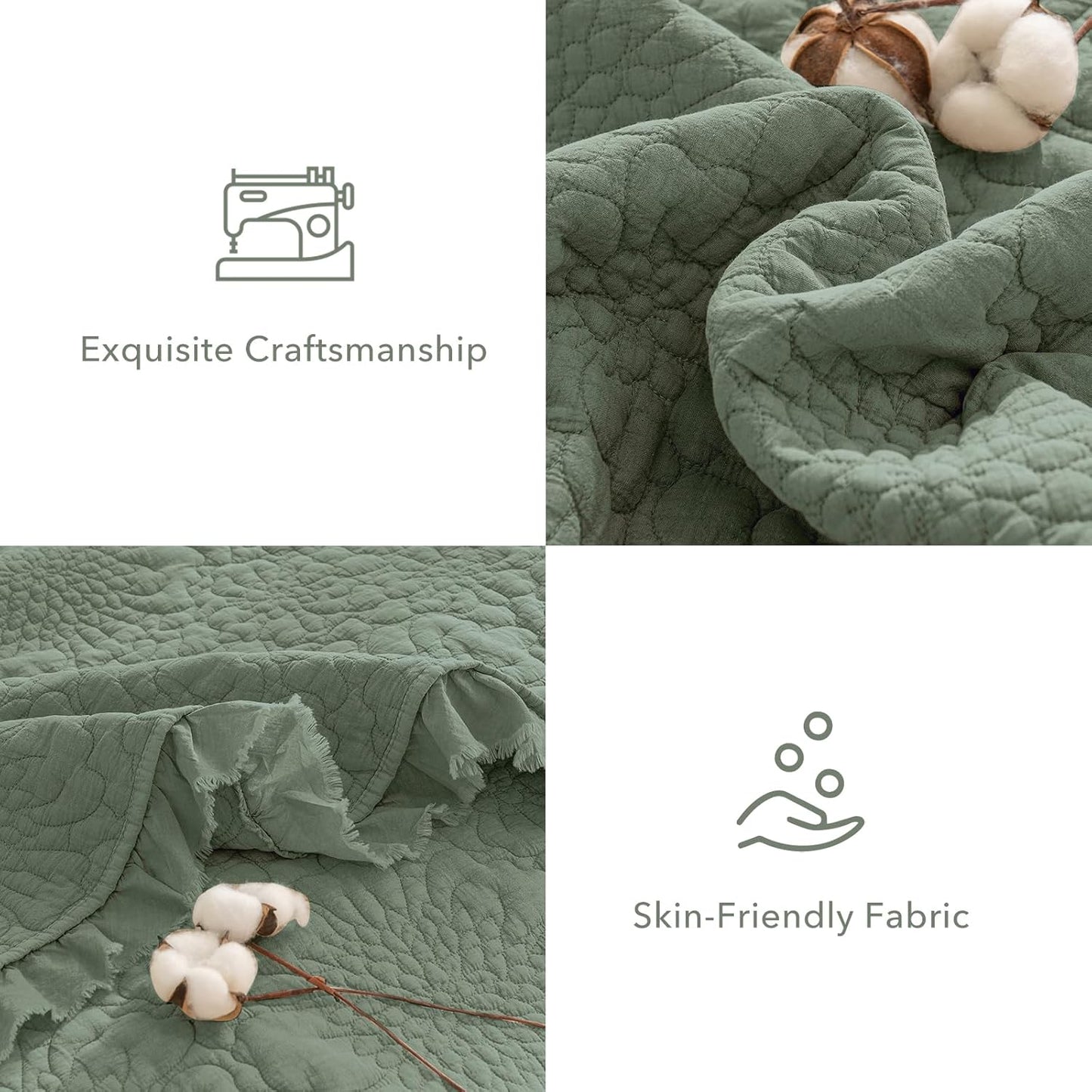 QSH 3PCs Olive Green Ruffled Quilt Queen Size (90"x98"),Stonewashed Cotton Quilt Set,Ultra Soft Lightweight Crinkled Bedspread Coverlet Queen Shabby Farmhouse Bedspreads Bedding Set with Pillow Shams