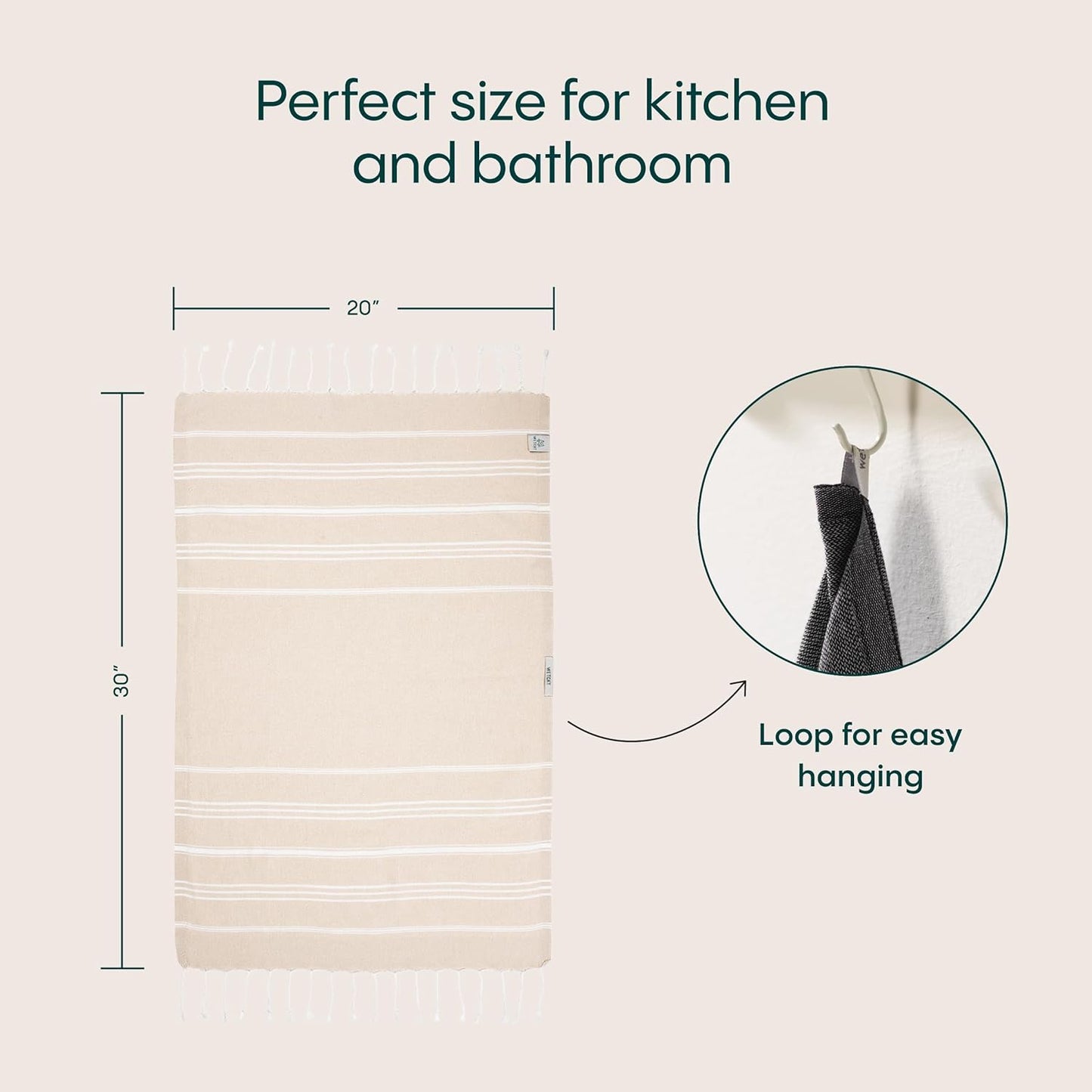 WETCAT Turkish Hand Towels with Hanging Loop, Set of 2 (20" x 30") 100% Turkish Cotton, Pre-Washed, Quick Drying, for Kitchen or Bathroom - Beige