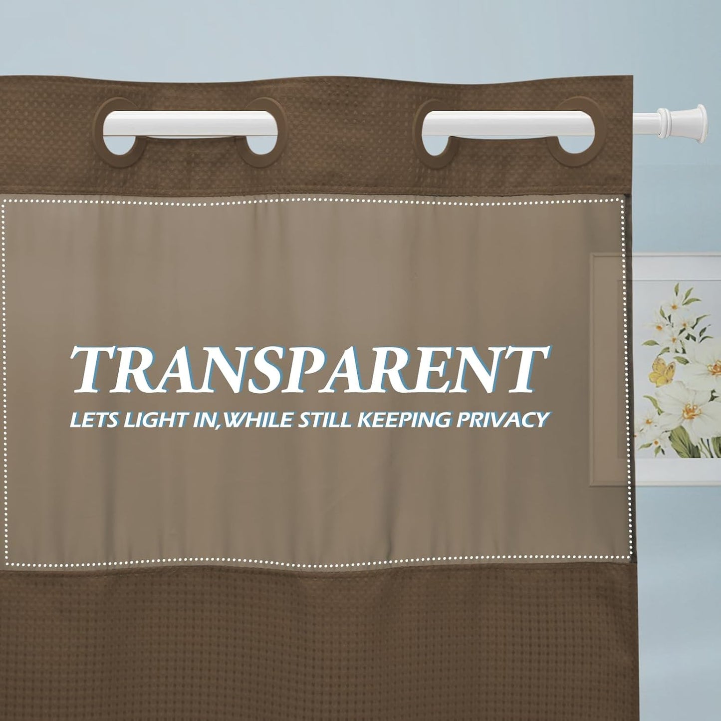 Brown Stall No Hook Shower Curtain with Snap in Liner,230GSM Waffle Weave Shower Curtains for Bathroom,54W x 80H