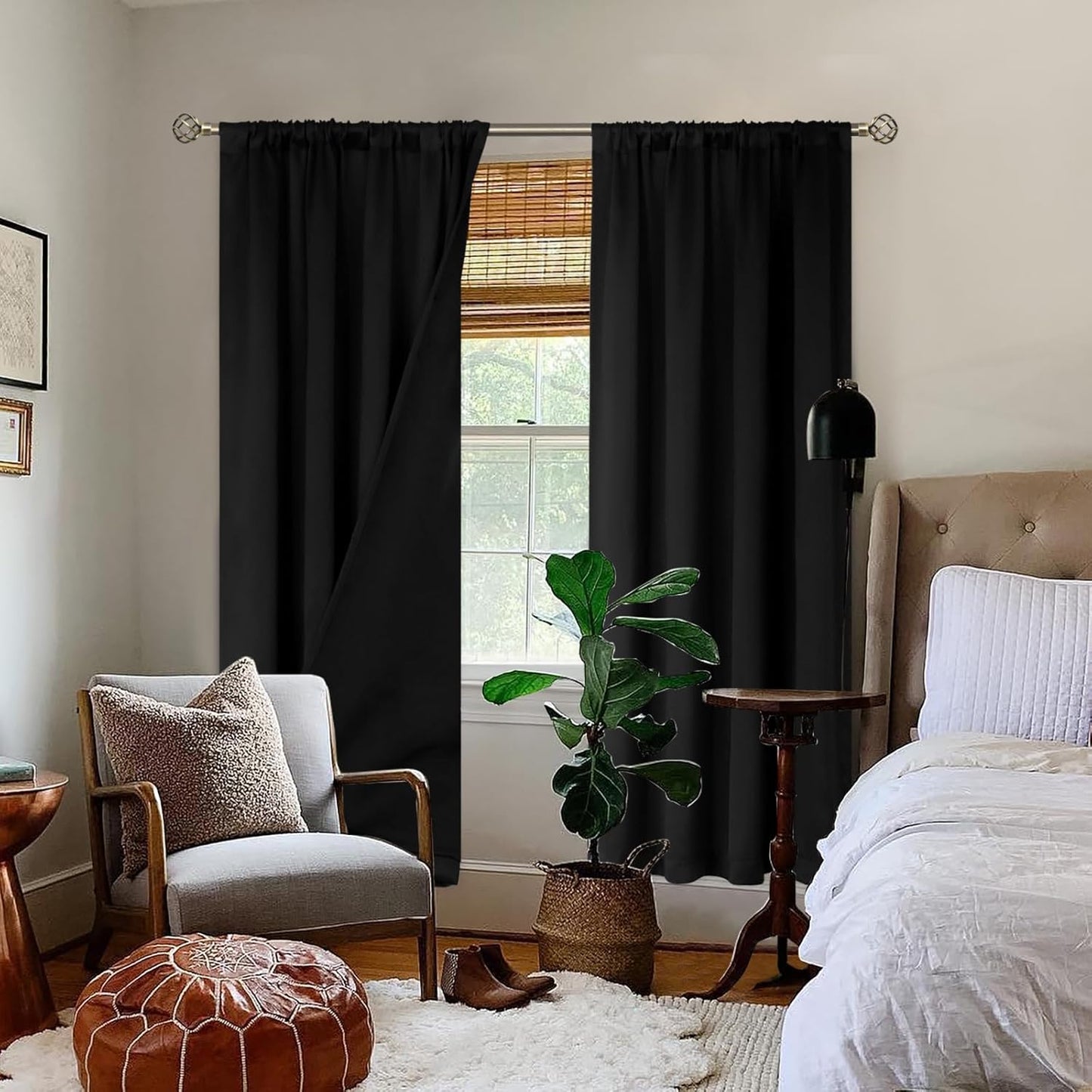 BGment Thermal Insulated 100% Blackout Curtains for Bedroom with Black Liner, Double Layer Full Room Darkening Noise Reducing Rod Pocket Curtain (52 x 72 Inch, Black, 2 Panels)