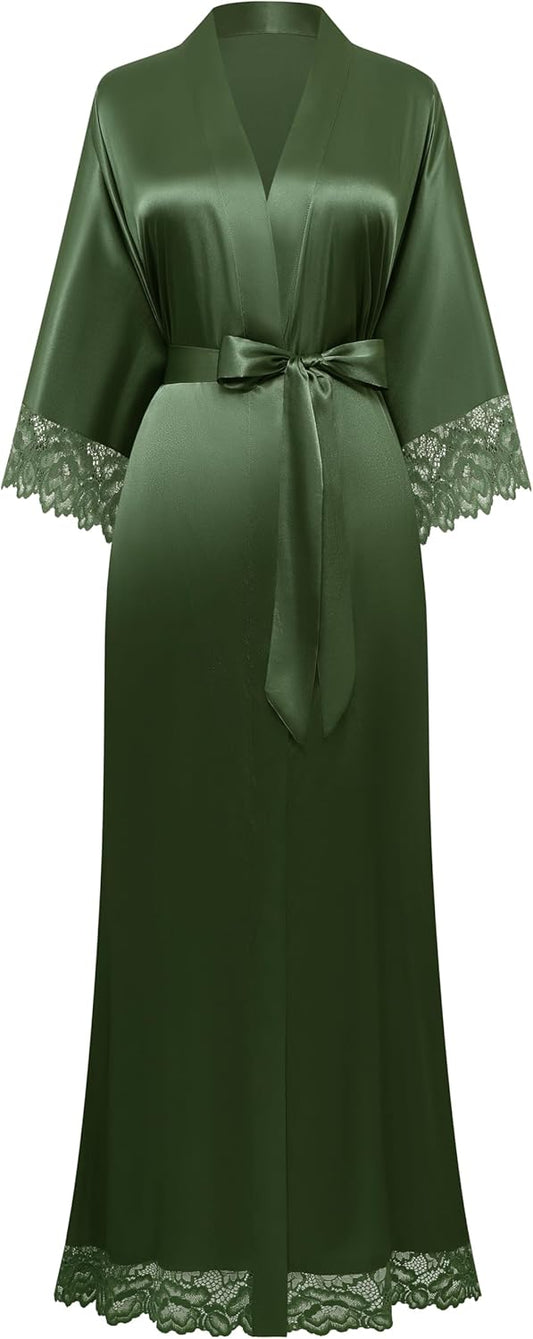 BABEYOND Satin Kimono Robe Silky Long Bridesmaid Wedding Lightweight Bath Robe with Lace Trim