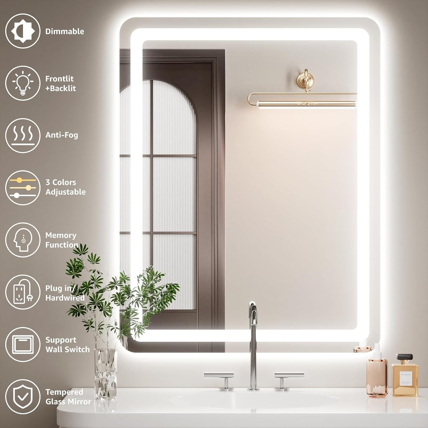 72" x 30" Led Bathroom Mirror with Lights, Anti-Fog & Tri-Color Lighting - Wall Mounted Shaving Mirror with Touch Sensor, Waterproof & Smart LED Vanity Mirror,Tempered Glass, Dimmable Smart Mirror