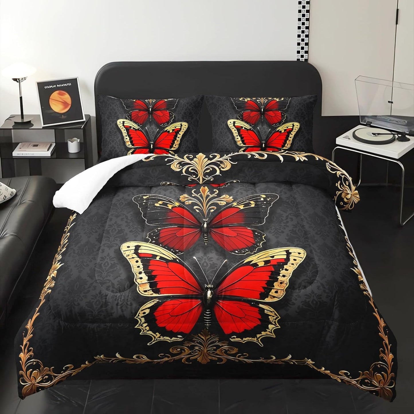 Red and Gold Butterfly Comforter Sets King Size Bed Set，Gothic King Size Bedding Set，with 1 Comforter with 2 Pillow Case，Butterfly Themed Bedroom Decor