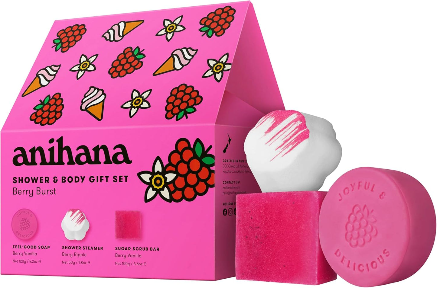 ANIHANA Berry Burst Shower & Body Gift Set with Shower Steamer, Body Scrub Bar, and Feel-Good Soap