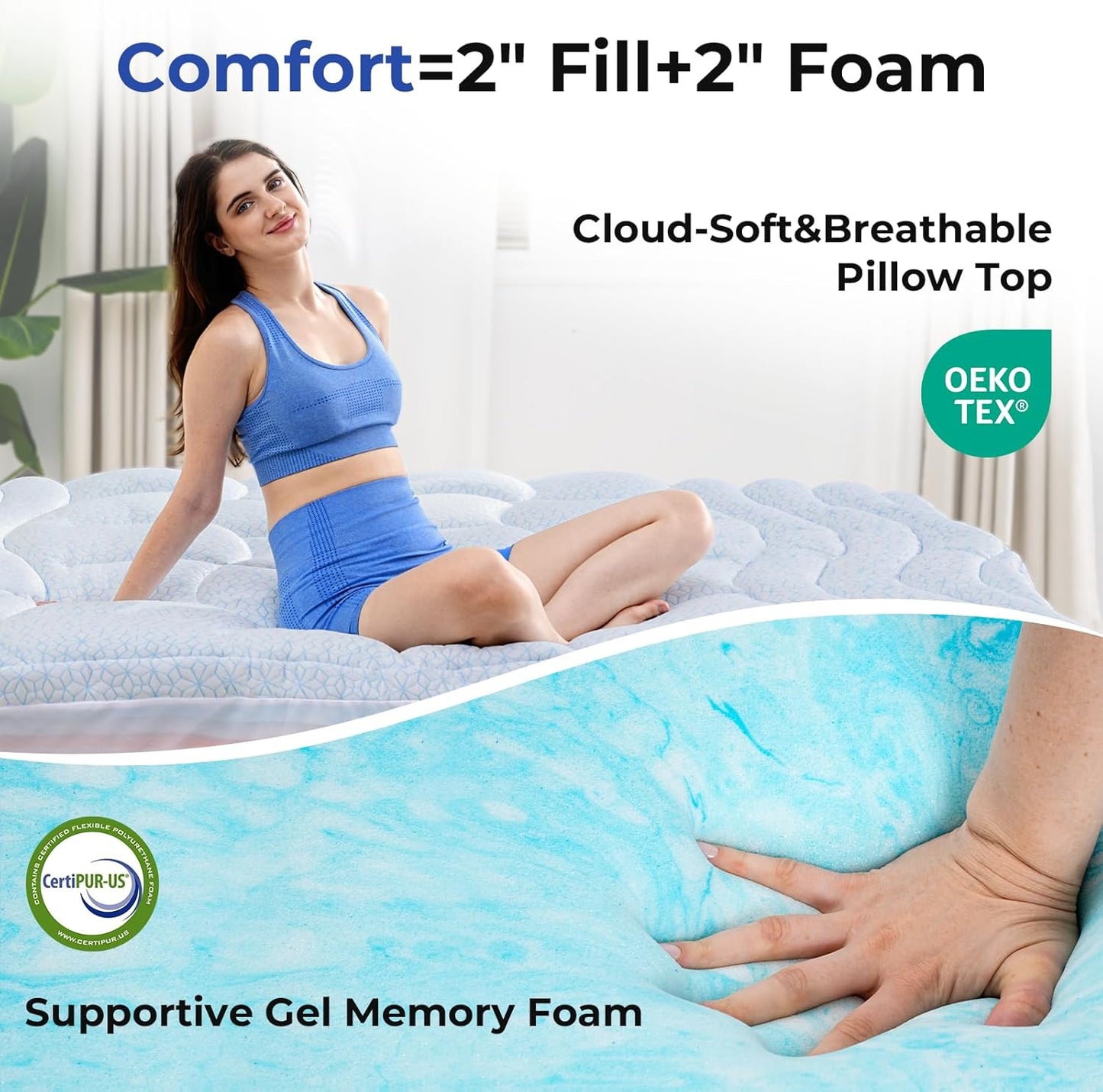 Dual Layer 4 Inch Cooling Memory Foam Mattress Topper King Size, 2 Inch Thick Soft Quilted Ice Silk Pillow Top Cover Plus 2 Inch Gel Memory Foam Mattress Pad for Back Pain Relief