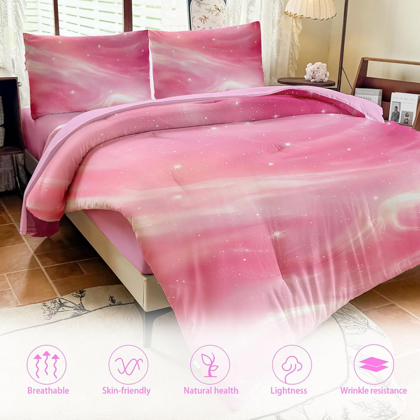 Full Size Bedding Sets Kids Bedding Sets for Girls, Galaxy Bedding 5 Pieces Bed in A Bag Full Size, Glitter Colorful Comforter for Girls
