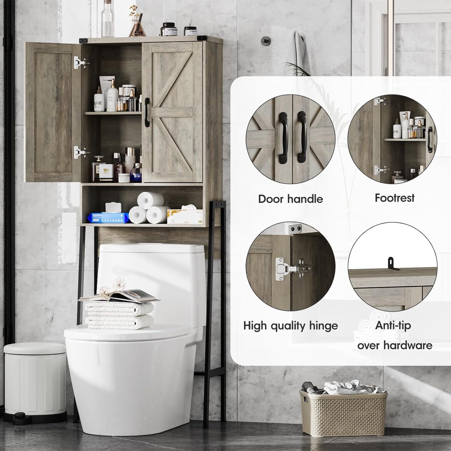 Over The Toilet Storage Cabinet with 2-Door Design Bathroom Organizers and Storage with Anti-Tip Device Over Toilet Organizer with Shelves for Bathroom,Restroom,Laundry Grey