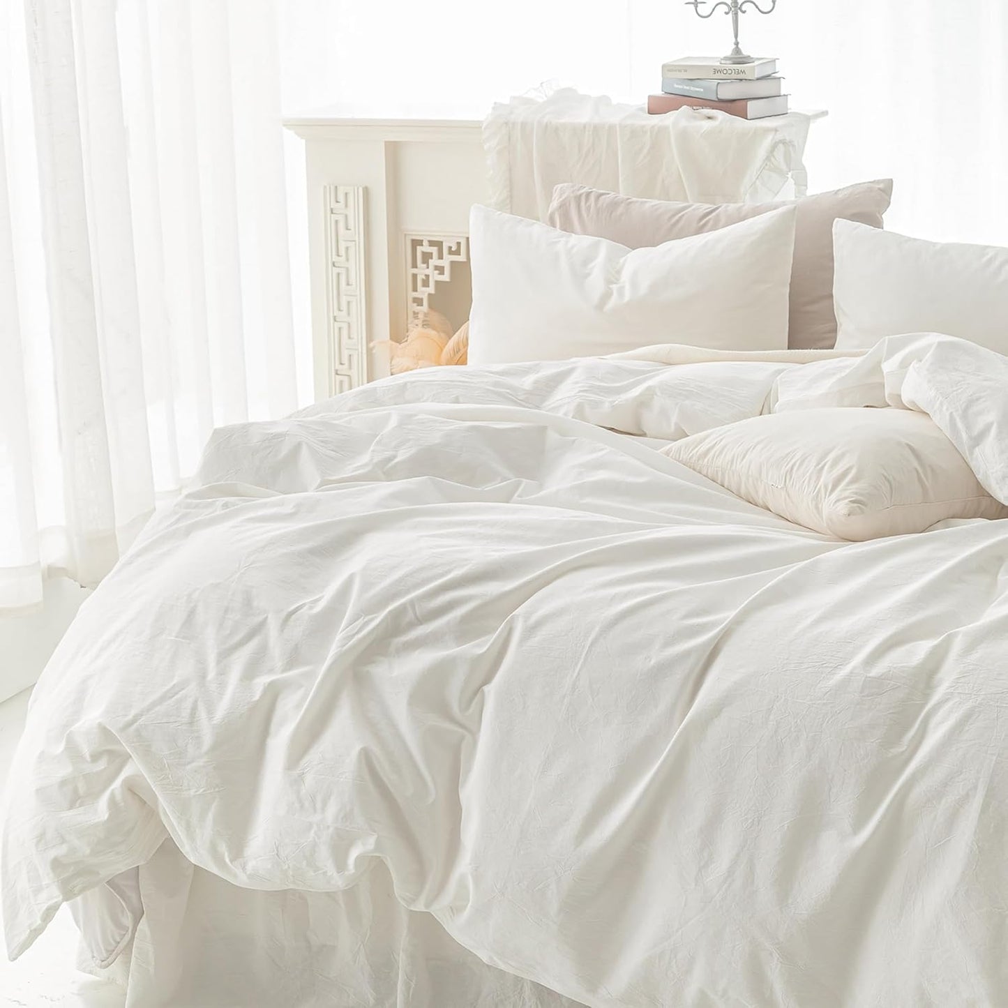 FOSSA Duvet Cover Set 100% Washed Cotton Linen Feel Super Soft Breathable Cozy 3 Pieces Bedding Sets Solid Off White California King