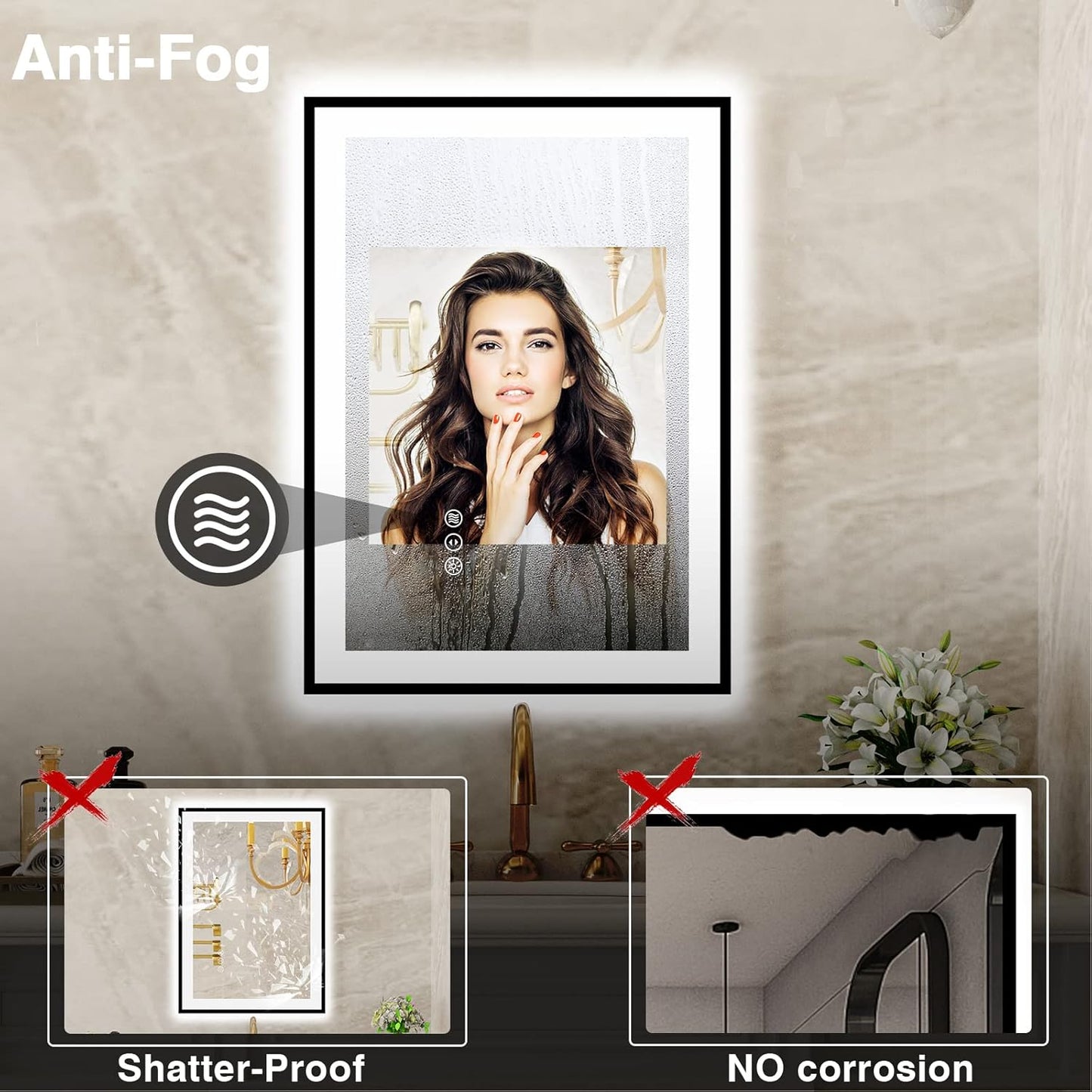 20x28 LED Bathroom Mirrors for Wall -Black Aluminum Framed (Front and Backlit), Anti-Fog Vanity Mirror With Lights,Stepless Dimmable Lighted Mirror,3 Colors Smart Mirror(Horizontal/Vertical)