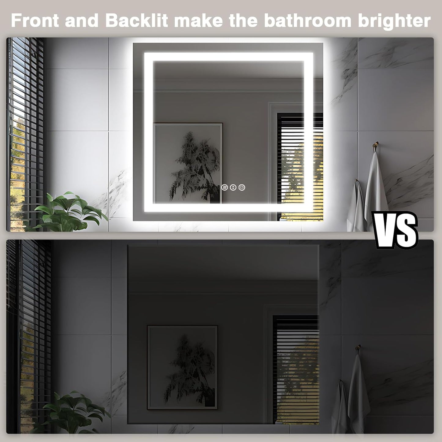 36"x36" Square LED Bathroom Mirror - Front & Backlit, Anti-Fog Vanity Mirror with Stepless Dimmable Lights, 3 Color Smart Mirror (Horizontal/Vertical)